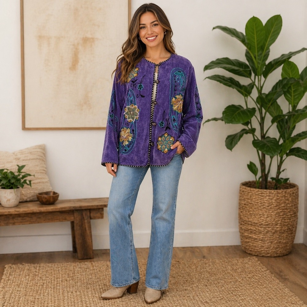 Vintage Alex Kin Purple Chenille Embroidered Floral Paisley Jacket Toggle Boho